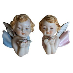 Pair of Cherub 1 wing Angles Norcrest Japan blue & pink hanging flowers 5 inch